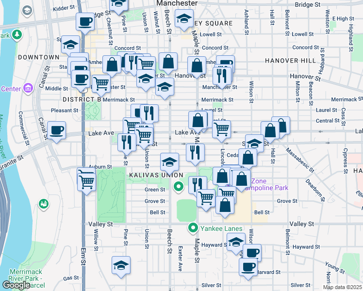 map of restaurants, bars, coffee shops, grocery stores, and more near 285 Lake Avenue in Manchester