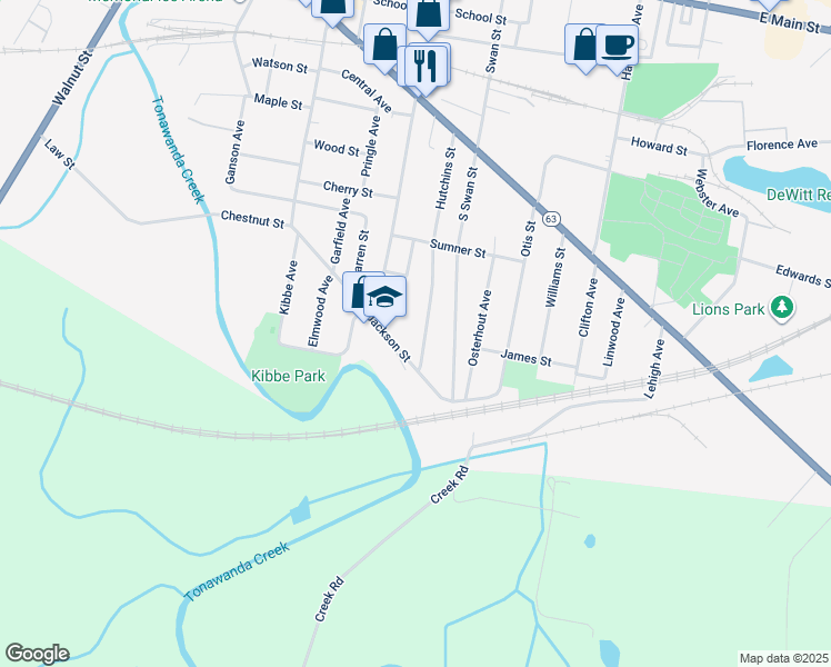 map of restaurants, bars, coffee shops, grocery stores, and more near 126 Hutchins Street in Batavia
