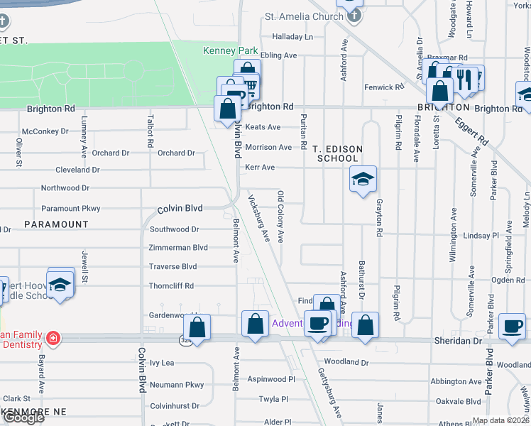 map of restaurants, bars, coffee shops, grocery stores, and more near 36 Rye Place in Tonawanda