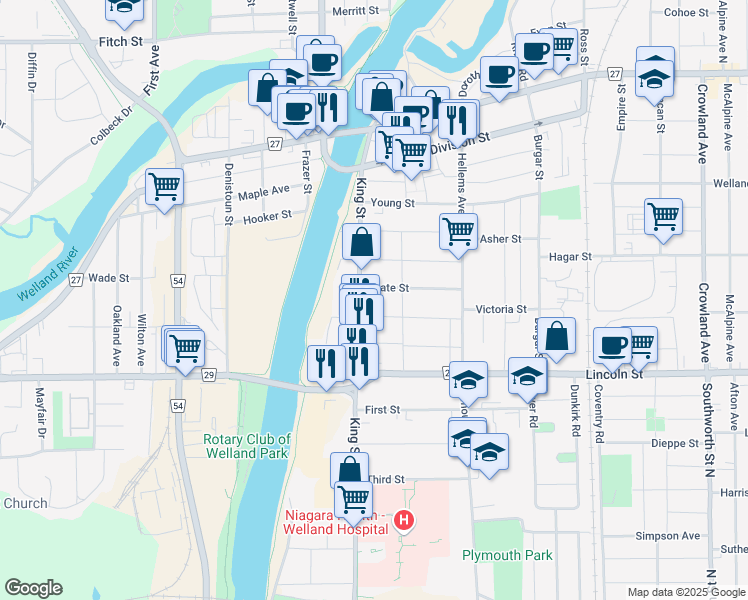map of restaurants, bars, coffee shops, grocery stores, and more near in Welland