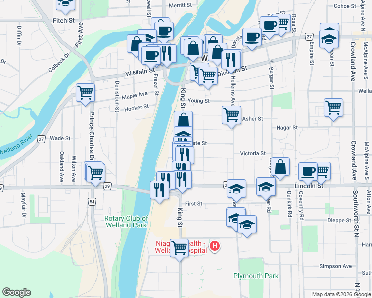 map of restaurants, bars, coffee shops, grocery stores, and more near in Welland