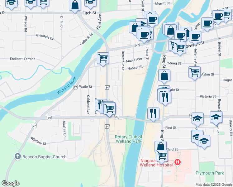 map of restaurants, bars, coffee shops, grocery stores, and more near in Welland