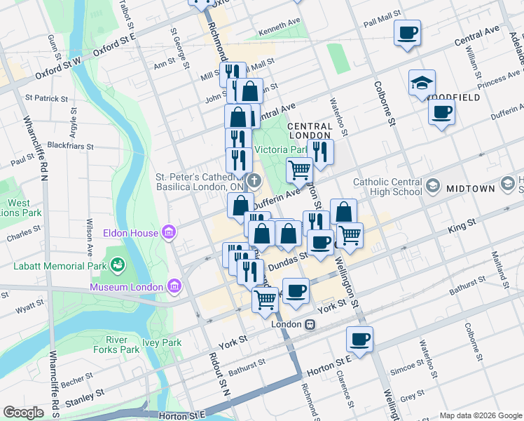 map of restaurants, bars, coffee shops, grocery stores, and more near 479 Clarence Street in London