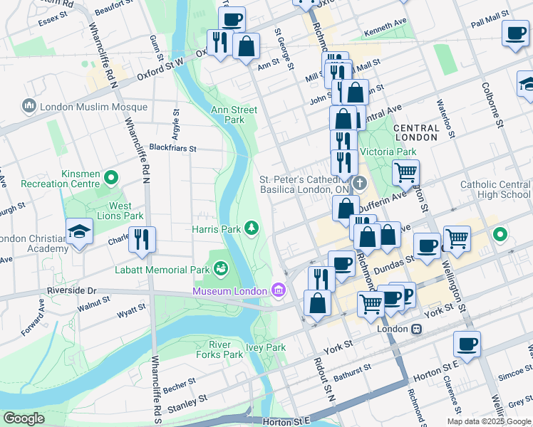 map of restaurants, bars, coffee shops, grocery stores, and more near in London