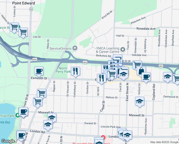 map of restaurants, bars, coffee shops, grocery stores, and more near 354 Collingwood Street in Sarnia