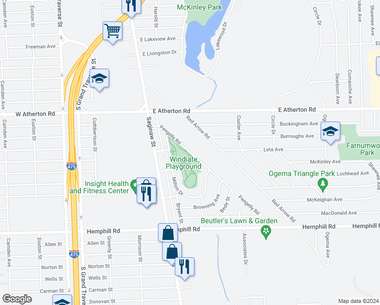 map of restaurants, bars, coffee shops, grocery stores, and more near 4017 Pengelly Road in Flint