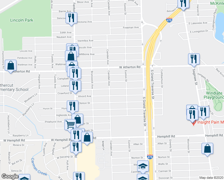 map of restaurants, bars, coffee shops, grocery stores, and more near 749 Leland Street in Flint