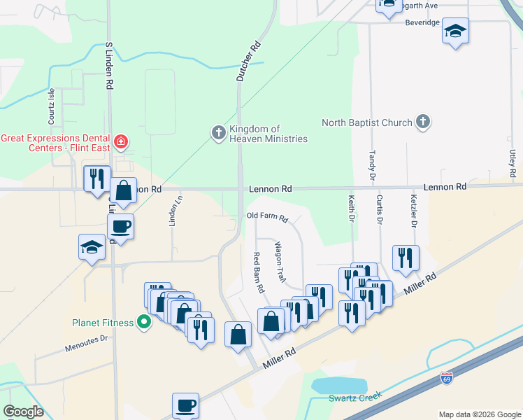 map of restaurants, bars, coffee shops, grocery stores, and more near 4281 Lennon Road in Flint