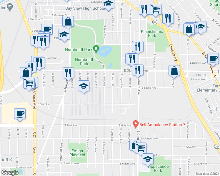 map of restaurants, bars, coffee shops, grocery stores, and more near 3157 South Lenox Street in Milwaukee