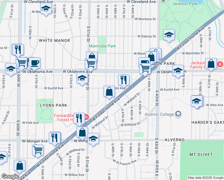 map of restaurants, bars, coffee shops, grocery stores, and more near 3158 South 49th Street in Milwaukee