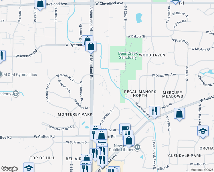 map of restaurants, bars, coffee shops, grocery stores, and more near 3150 South Pinewood Creek Court in New Berlin