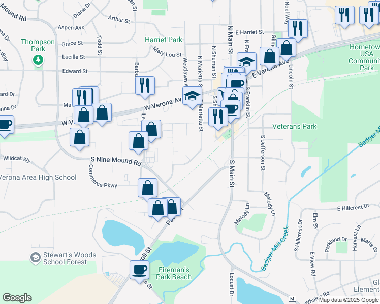 map of restaurants, bars, coffee shops, grocery stores, and more near 100 Berkley Road in Verona