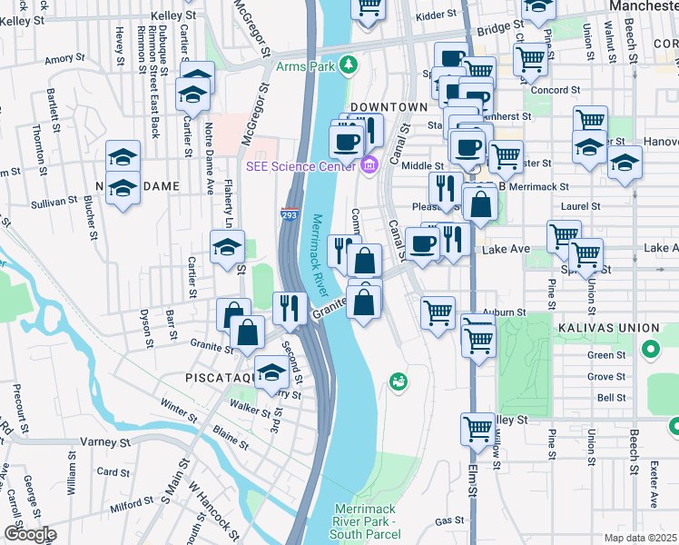 map of restaurants, bars, coffee shops, grocery stores, and more near 50 Commercial Street in Manchester