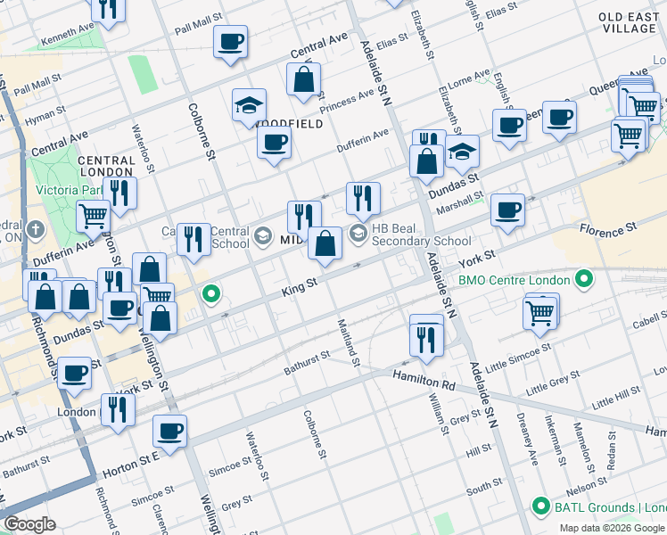 map of restaurants, bars, coffee shops, grocery stores, and more near 474 King Street in London