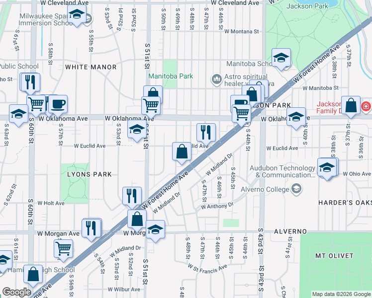 map of restaurants, bars, coffee shops, grocery stores, and more near 3158 South 49th Street in Milwaukee