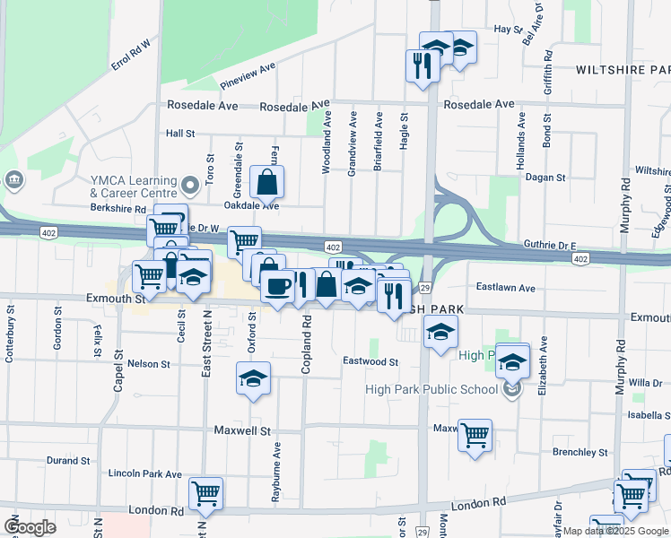 map of restaurants, bars, coffee shops, grocery stores, and more near 840 Trillium Park in Sarnia