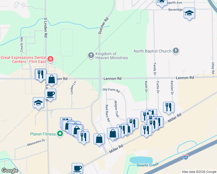 map of restaurants, bars, coffee shops, grocery stores, and more near 4281 Lennon Road in Flint