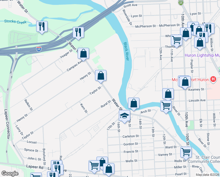 map of restaurants, bars, coffee shops, grocery stores, and more near 1853 Water Street in Port Huron