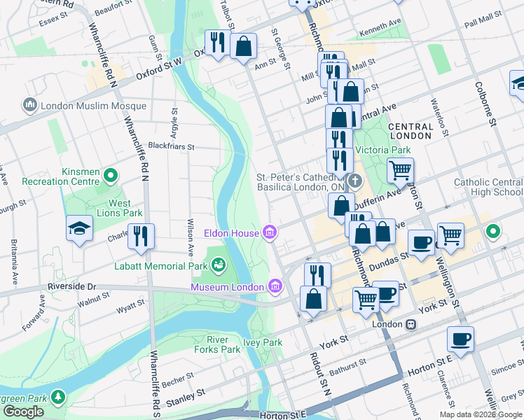map of restaurants, bars, coffee shops, grocery stores, and more near in London