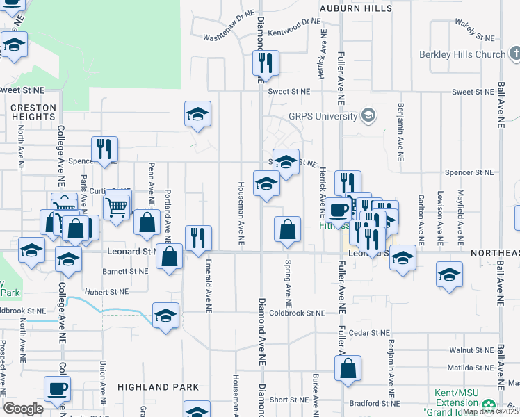 map of restaurants, bars, coffee shops, grocery stores, and more near 1303 Diamond Avenue Northeast in Grand Rapids