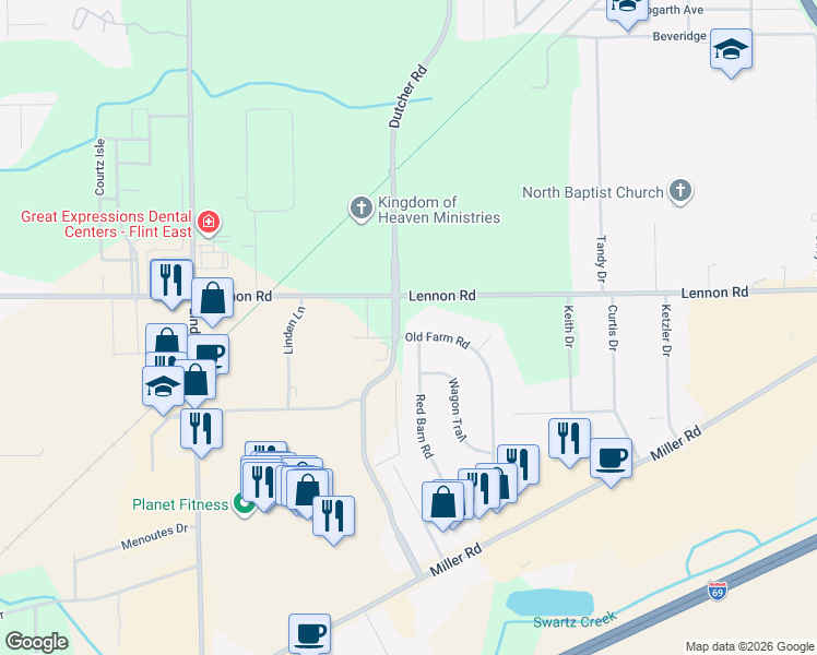 map of restaurants, bars, coffee shops, grocery stores, and more near 3025 Old Farm Road in Flint