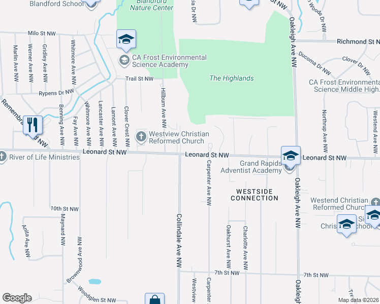 map of restaurants, bars, coffee shops, grocery stores, and more near 2709 Leonard Street Northwest in Grand Rapids
