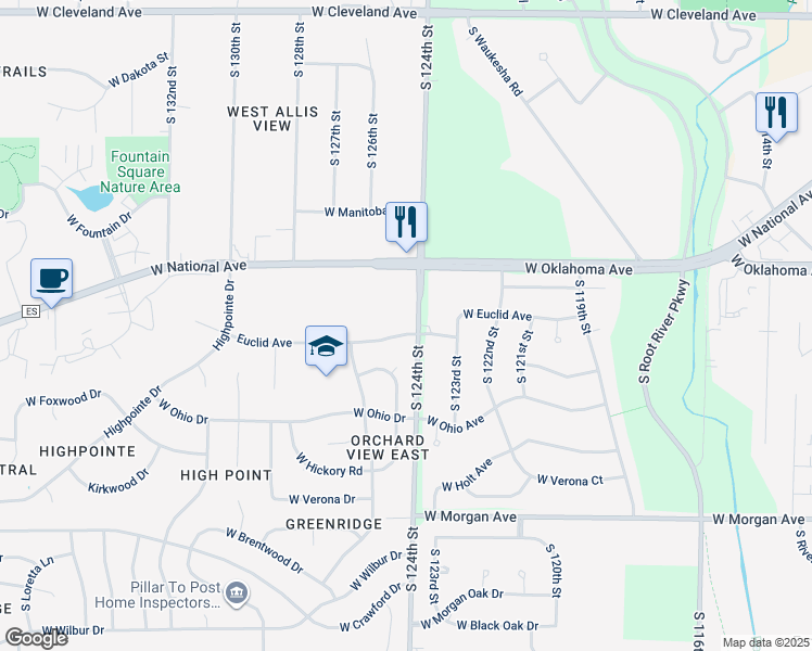 map of restaurants, bars, coffee shops, grocery stores, and more near 12400 West Euclid Avenue in New Berlin