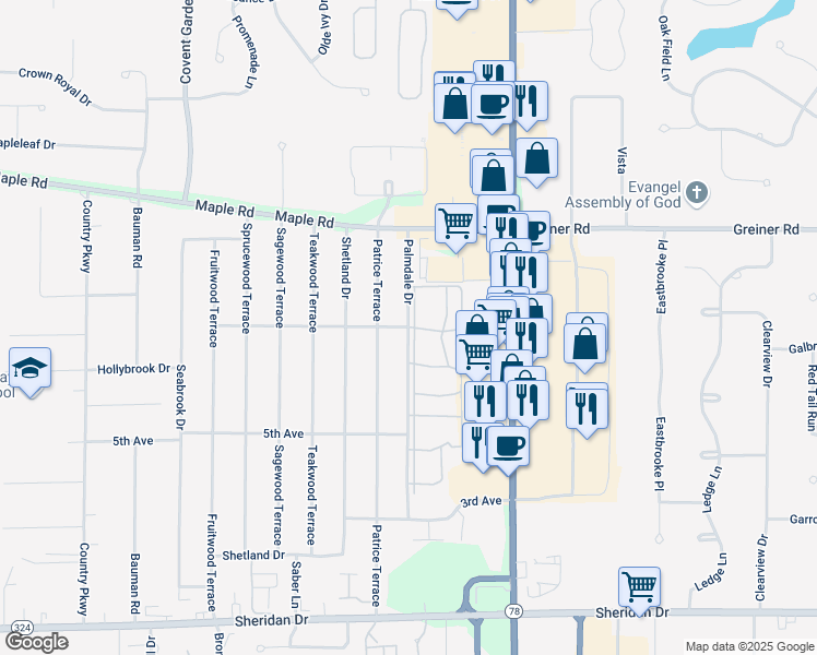 map of restaurants, bars, coffee shops, grocery stores, and more near 239 Palmdale Drive in Buffalo