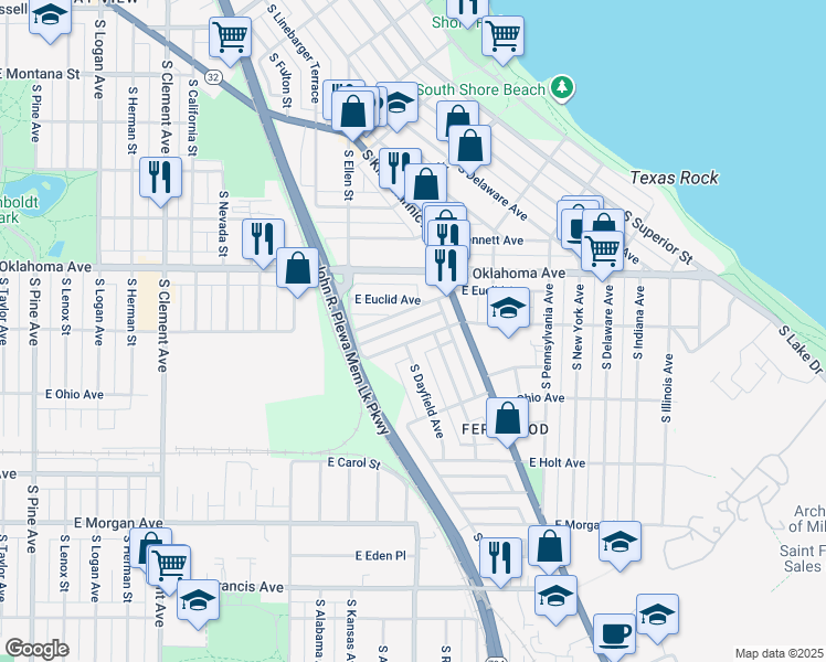 map of restaurants, bars, coffee shops, grocery stores, and more near 1933 East Hillcrest Avenue in Milwaukee