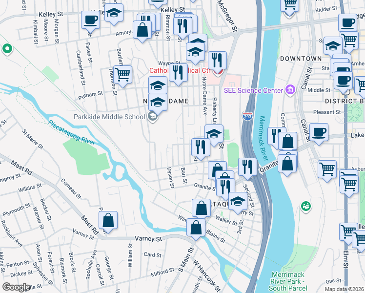 map of restaurants, bars, coffee shops, grocery stores, and more near 54 Dubuque Street in Manchester
