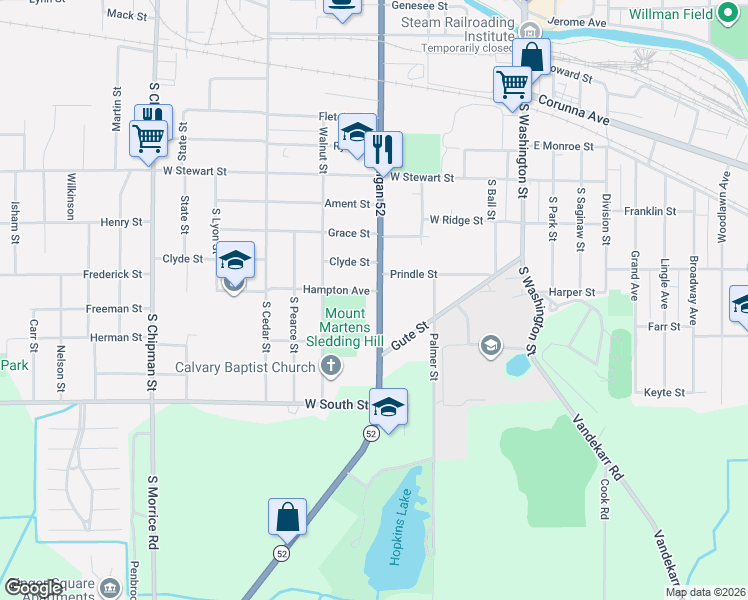 map of restaurants, bars, coffee shops, grocery stores, and more near 1119 South Shiawassee Street in Owosso