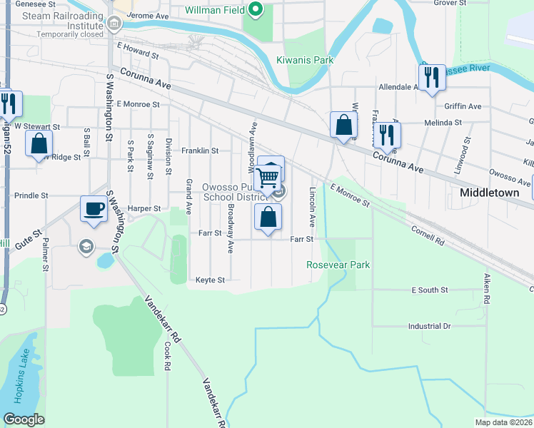 map of restaurants, bars, coffee shops, grocery stores, and more near 653 Woodlawn Avenue in Owosso