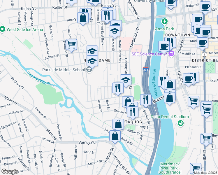 map of restaurants, bars, coffee shops, grocery stores, and more near 53 Dubuque Street in Manchester