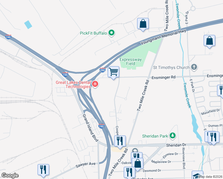 map of restaurants, bars, coffee shops, grocery stores, and more near 250 Cooper Avenue in Tonawanda