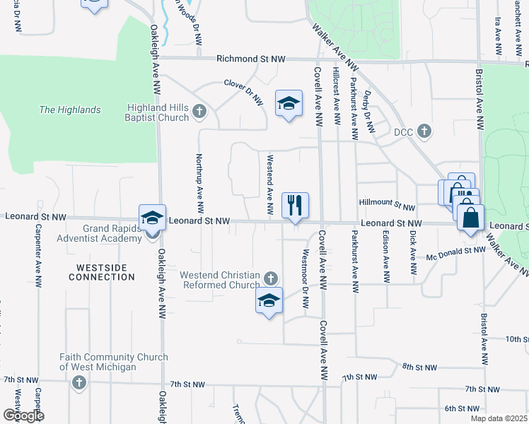 map of restaurants, bars, coffee shops, grocery stores, and more near 1209 Westend Avenue Northwest in Grand Rapids