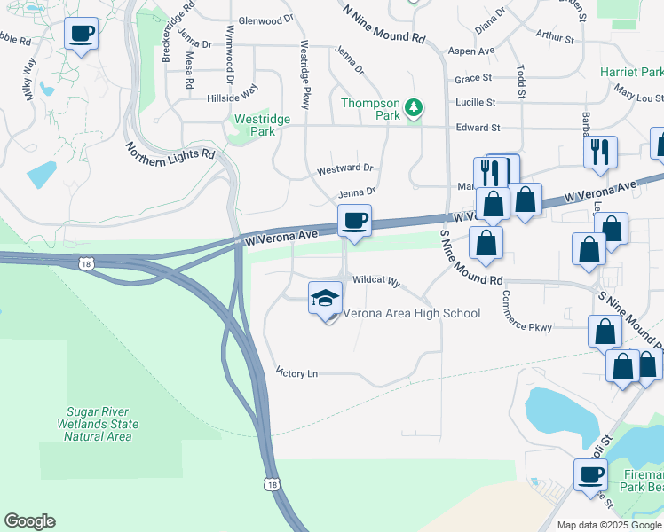 map of restaurants, bars, coffee shops, grocery stores, and more near 152 West End Circle in Verona