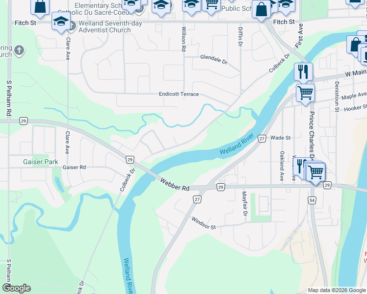 map of restaurants, bars, coffee shops, grocery stores, and more near 138 Colbeck Drive in Welland