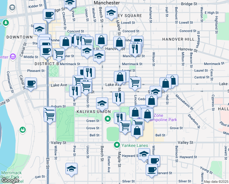 map of restaurants, bars, coffee shops, grocery stores, and more near 285 Lake Avenue in Manchester