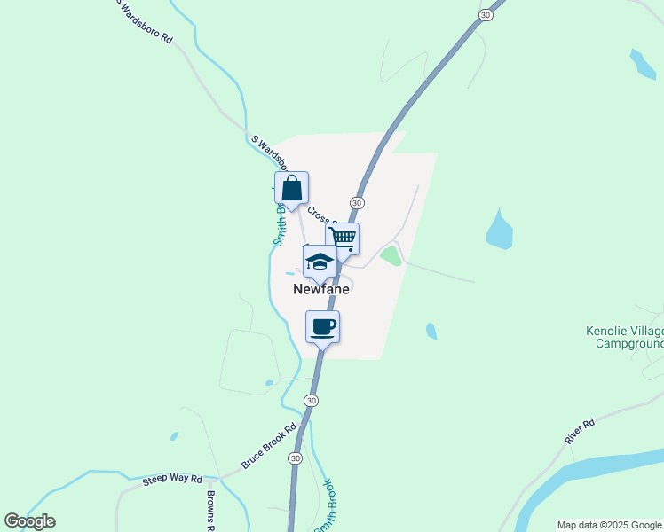 map of restaurants, bars, coffee shops, grocery stores, and more near 599 Vermont 30 in Newfane