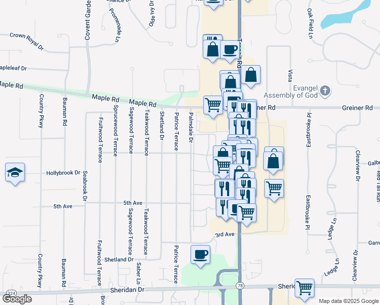 map of restaurants, bars, coffee shops, grocery stores, and more near 239-263 Palmdale Drive in Buffalo