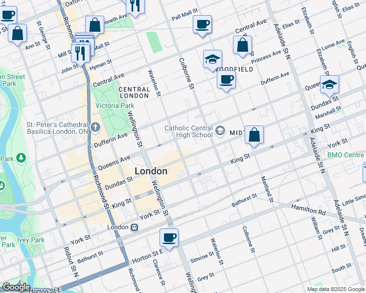 map of restaurants, bars, coffee shops, grocery stores, and more near 432 Waterloo Street in London