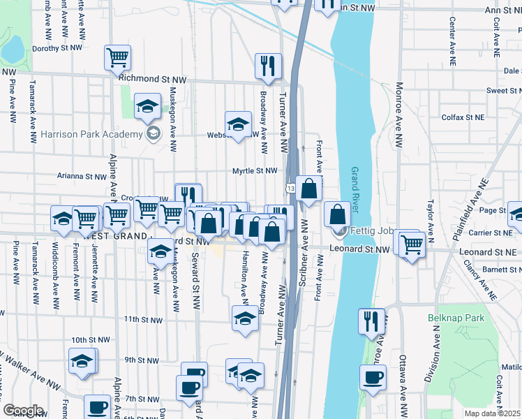 map of restaurants, bars, coffee shops, grocery stores, and more near 1308 Broadway Avenue Northwest in Grand Rapids