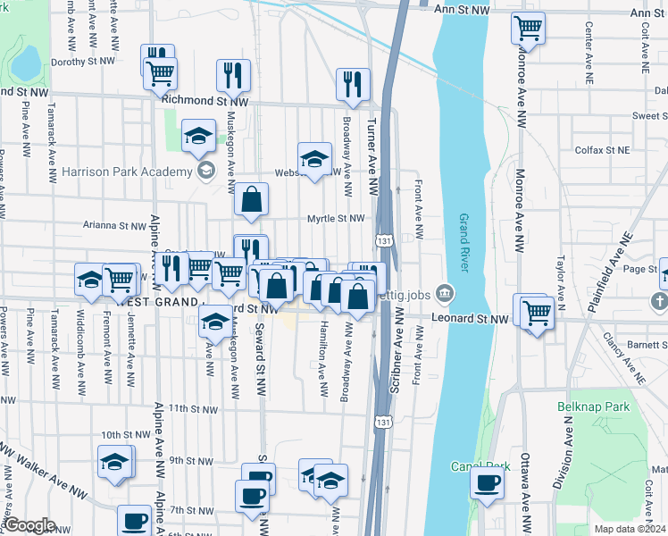 map of restaurants, bars, coffee shops, grocery stores, and more near 1312 Hamilton Avenue Northwest in Grand Rapids