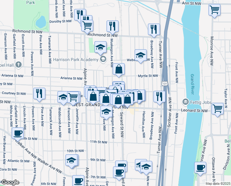 map of restaurants, bars, coffee shops, grocery stores, and more near 657 Crosby Street Northwest in Grand Rapids