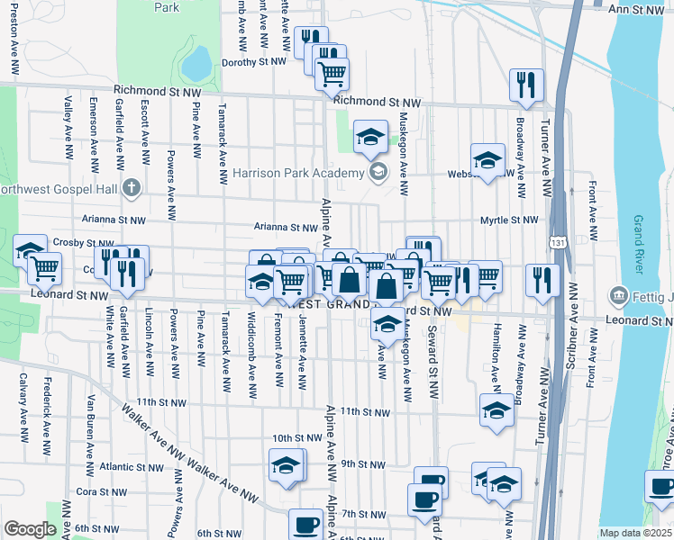 map of restaurants, bars, coffee shops, grocery stores, and more near 746 Crosby Street Northwest in Grand Rapids