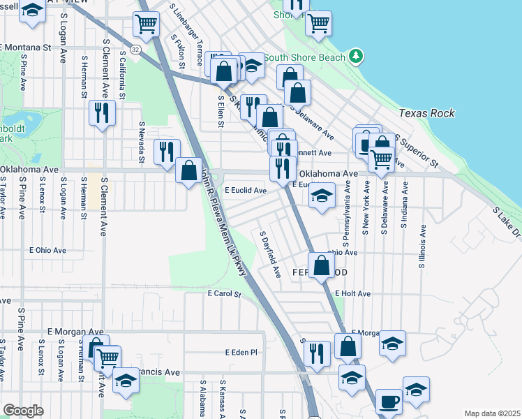 map of restaurants, bars, coffee shops, grocery stores, and more near 1933 East Hillcrest Avenue in Milwaukee
