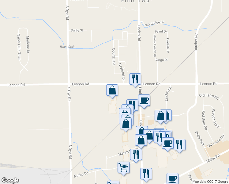 map of restaurants, bars, coffee shops, grocery stores, and more near 3030 Linden Road in Flint