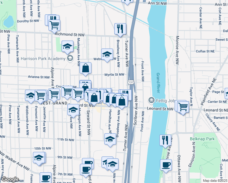 map of restaurants, bars, coffee shops, grocery stores, and more near 444 Crosby Street Northwest in Grand Rapids