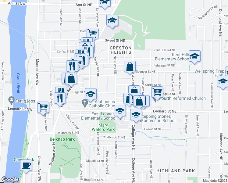 map of restaurants, bars, coffee shops, grocery stores, and more near 1301 North Avenue Northeast in Grand Rapids