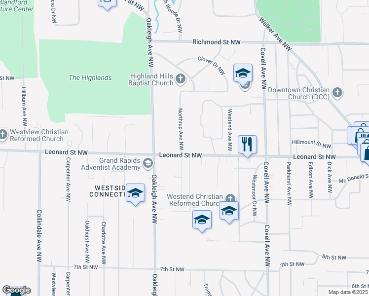 map of restaurants, bars, coffee shops, grocery stores, and more near 1233 Northrup Avenue Northwest in Grand Rapids
